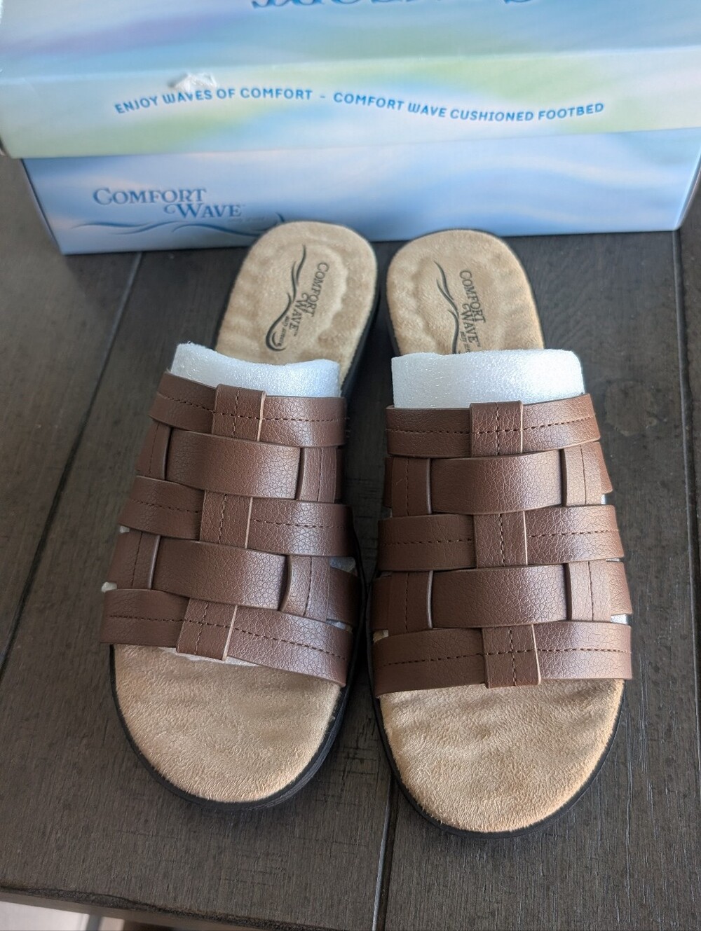Comfort Wave Brown Woven Slide Sandals